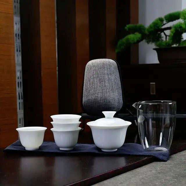 White ceramic teapot gaiwan with 3 cups 4 cups gaiwan tea sets portable travel tea sets drinkware