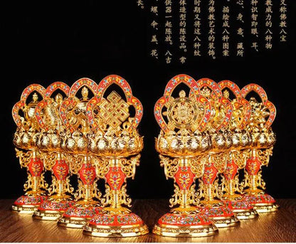 Wholesale Buddhist Buddhism efficacious Protection Tibet Nepal Gold-plated Eight 8P Auspicious Symbols of Buddhism brass statue