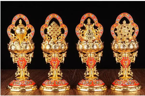 Wholesale Buddhist Buddhism efficacious Protection Tibet Nepal Gold-plated Eight 8P Auspicious Symbols of Buddhism brass statue