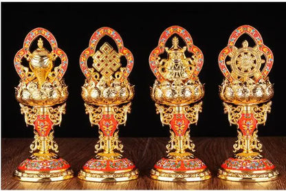 Wholesale Buddhist Buddhism efficacious Protection Tibet Nepal Gold-plated Eight 8P Auspicious Symbols of Buddhism brass statue