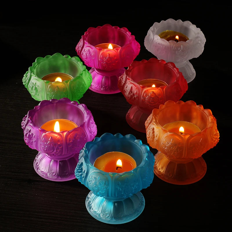 Wholesale Buddhist articles -efficacious HOME family Protection Talisman- 7PCS- Colored Glaze Lotus lamp holder Holy water cup