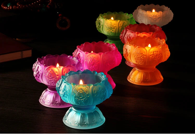 Wholesale Buddhist articles -efficacious HOME family Protection Talisman- 7PCS- Colored Glaze Lotus lamp holder Holy water cup