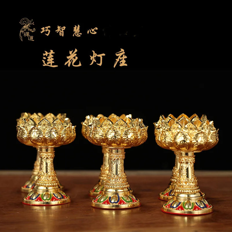 Wholesale Buddhist efficacious Protection Tibet Nepal Gold-plated  8PCS Lotus flower Auspicious Symbols of Buddhism candleholder
