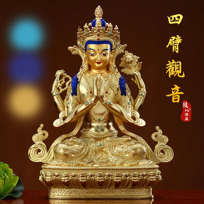 Wholesale Buddhist supplie High grade gilding gold Four-armed Avalokitesvara Bidhisattva buddha statue HOME effective protection