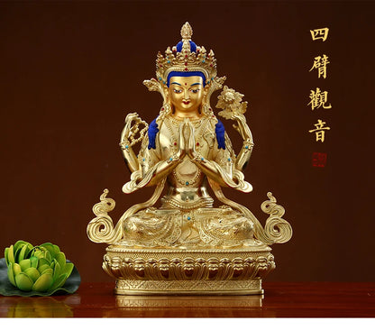 Wholesale Buddhist supplie High grade gilding gold Four-armed Avalokitesvara Bidhisattva buddha statue HOME effective protection