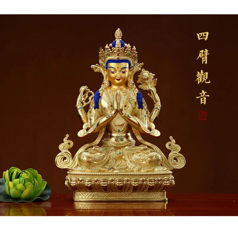 Wholesale Buddhist supplie High grade gilding gold Four-armed Avalokitesvara Bidhisattva buddha statue HOME effective protection