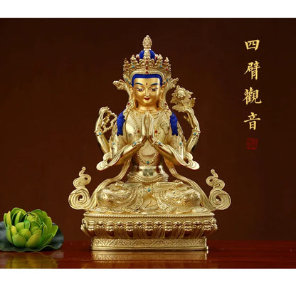 Wholesale Buddhist supplie High grade gilding gold Four-armed Avalokitesvara Bidhisattva buddha statue HOME effective protection