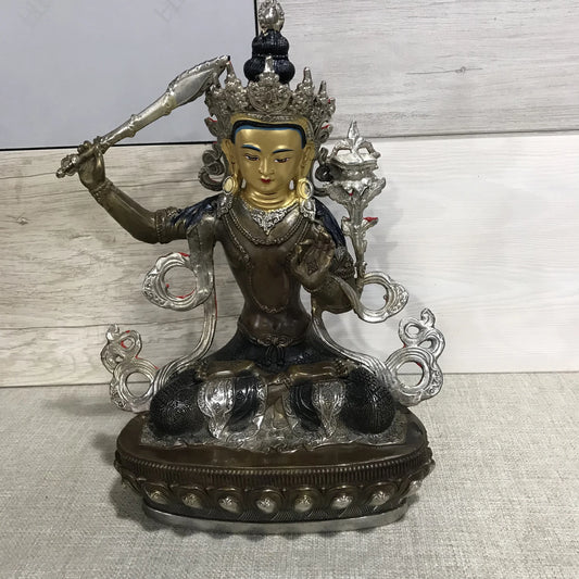 Wholesale Buddhist supplie Tibet temple Buddhism family protection Bodhisattva Manjusri Tara Guanyin silvering Buddha statue