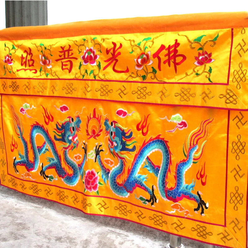 Wholesale Buddhist supplies 150CM HOME Temple Worship Buddha Embroidery imperial Dragons Altar table enclosure Hanging Curtain