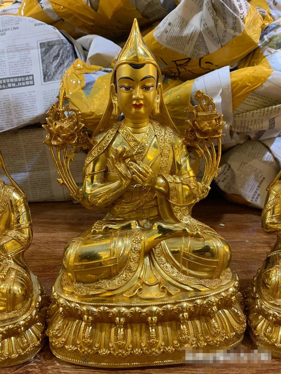 Wholesale Buddhist supplies 3PCS Tibetan Buddhism gilding Tsongkhapa Buddha attendants statue bless safety health good luck