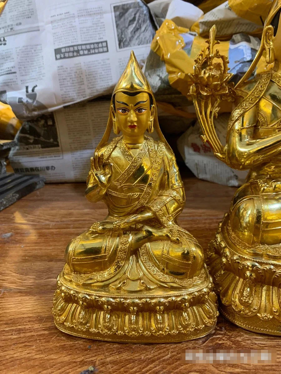 Wholesale Buddhist supplies 3PCS Tibetan Buddhism gilding Tsongkhapa Buddha attendants statue bless safety health good luck