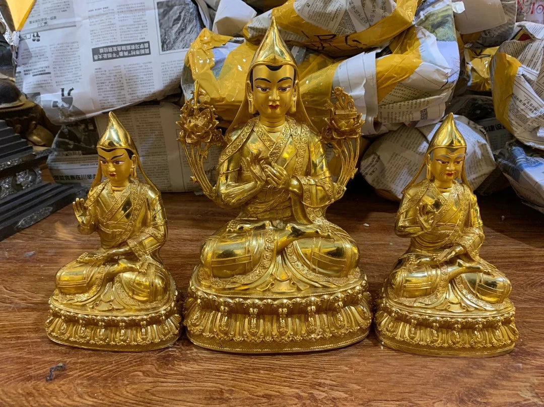 Wholesale Buddhist supplies 3PCS Tibetan Buddhism gilding Tsongkhapa Buddha attendants statue bless safety health good luck
