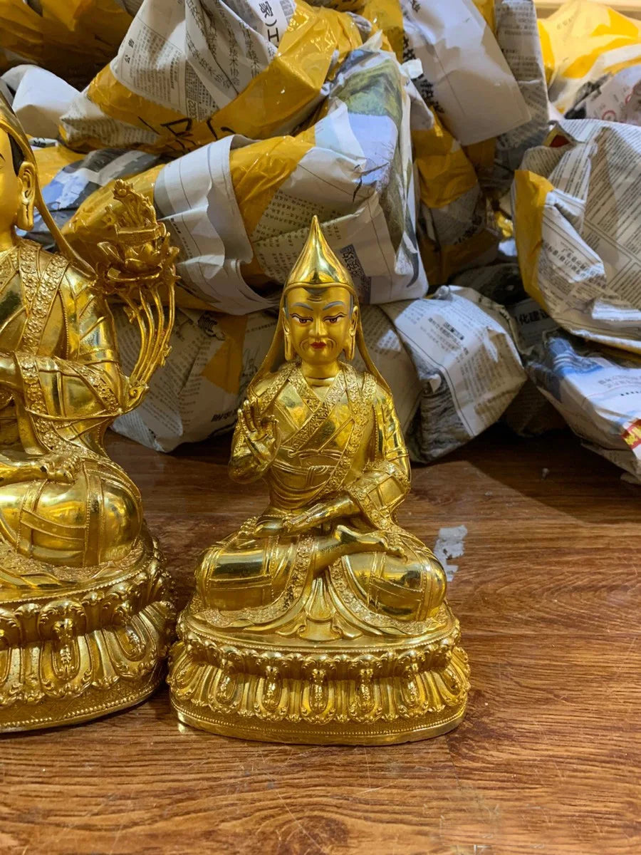Wholesale Buddhist supplies 3PCS Tibetan Buddhism gilding Tsongkhapa Buddha attendants statue bless safety health good luck