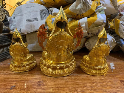 Wholesale Buddhist supplies 3PCS Tibetan Buddhism gilding Tsongkhapa Buddha attendants statue bless safety health good luck