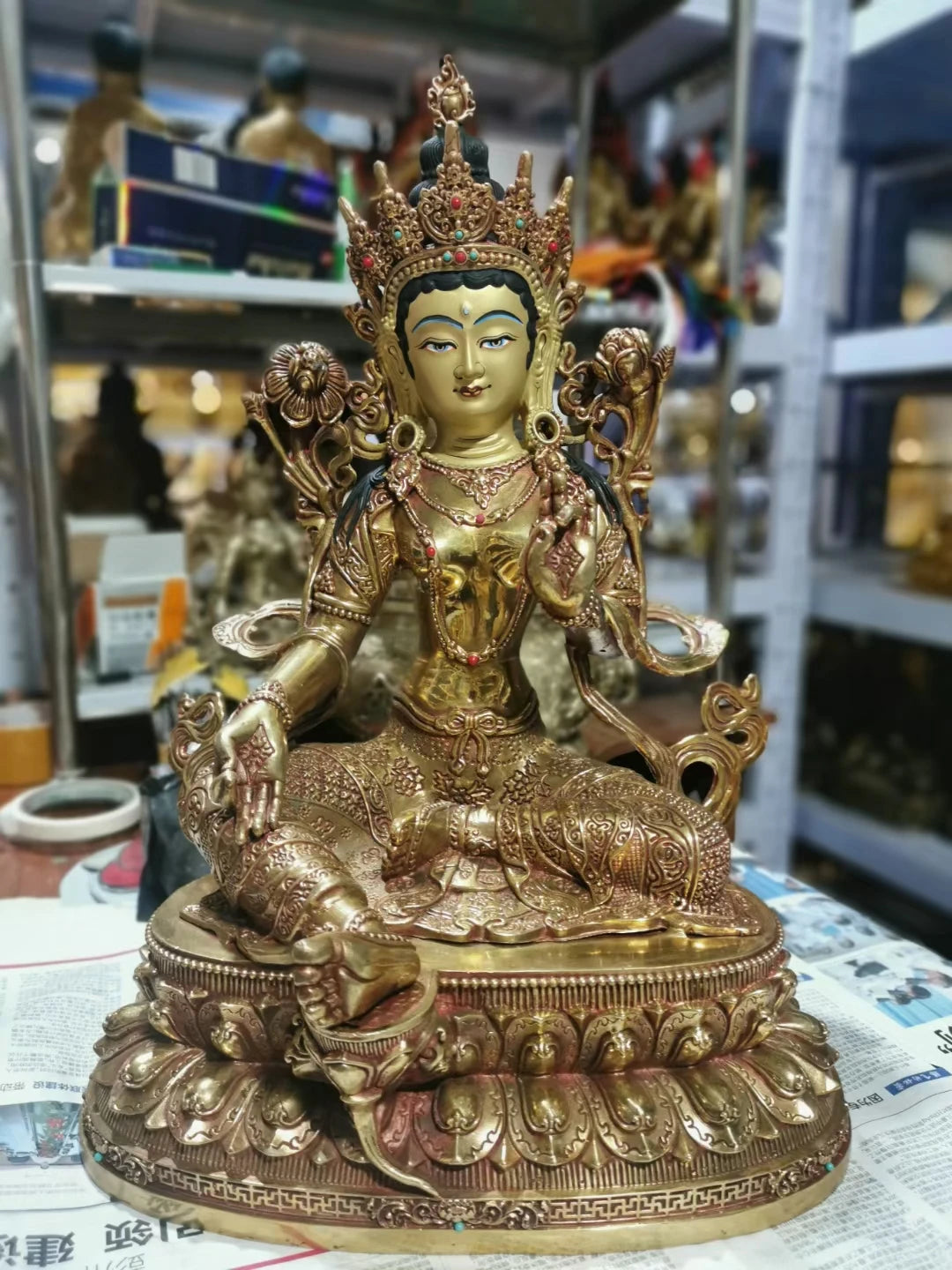 Wholesale Buddhist supplies 45CM large Buddhism bless safe health good luck high grade BRASS GREEN Tara Guan yin Buddha statue