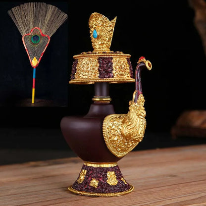 Wholesale Buddhist supplies Asia Temple HOME worshipping Nepal gilding Pemba Pot + peacock fan Auspicious Symbols of Buddhism