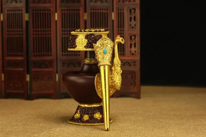 Wholesale Buddhist supplies Asia Temple HOME worshipping Nepal gilding Pemba Pot + peacock fan Auspicious Symbols of Buddhism