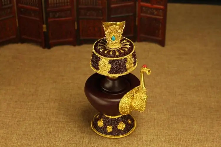Wholesale Buddhist supplies Asia Temple HOME worshipping Nepal gilding Pemba Pot + peacock fan Auspicious Symbols of Buddhism