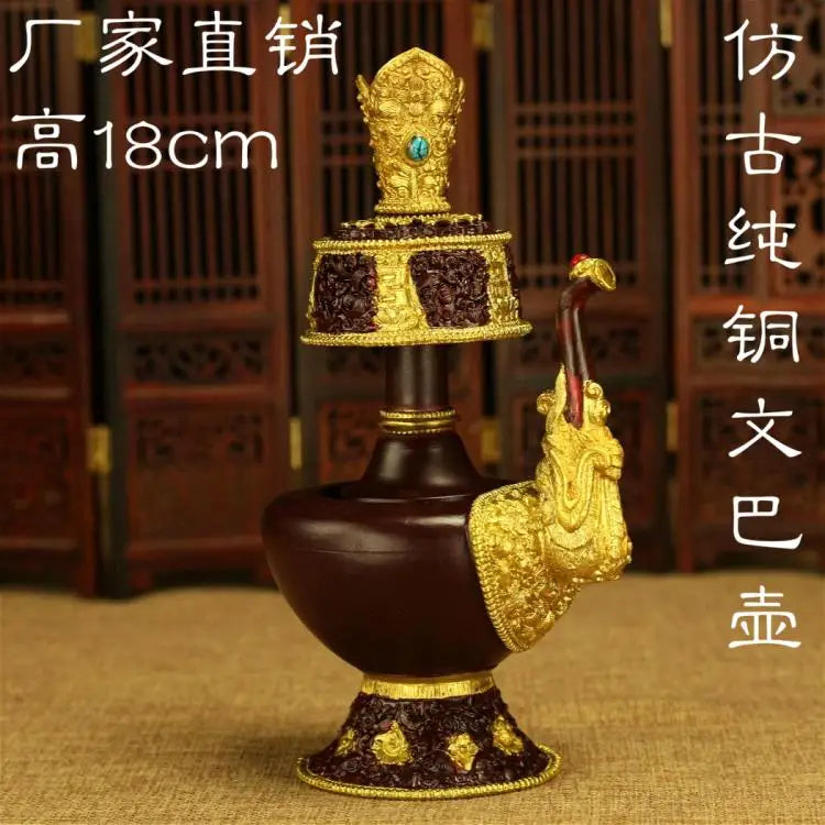 Wholesale Buddhist supplies Asia Temple HOME worshipping Nepal gilding Pemba Pot + peacock fan Auspicious Symbols of Buddhism