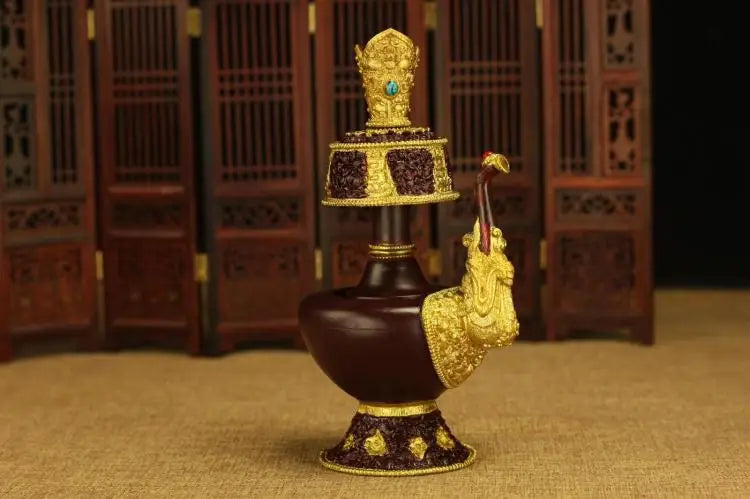 Wholesale Buddhist supplies Asia Temple HOME worshipping Nepal gilding Pemba Pot + peacock fan Auspicious Symbols of Buddhism