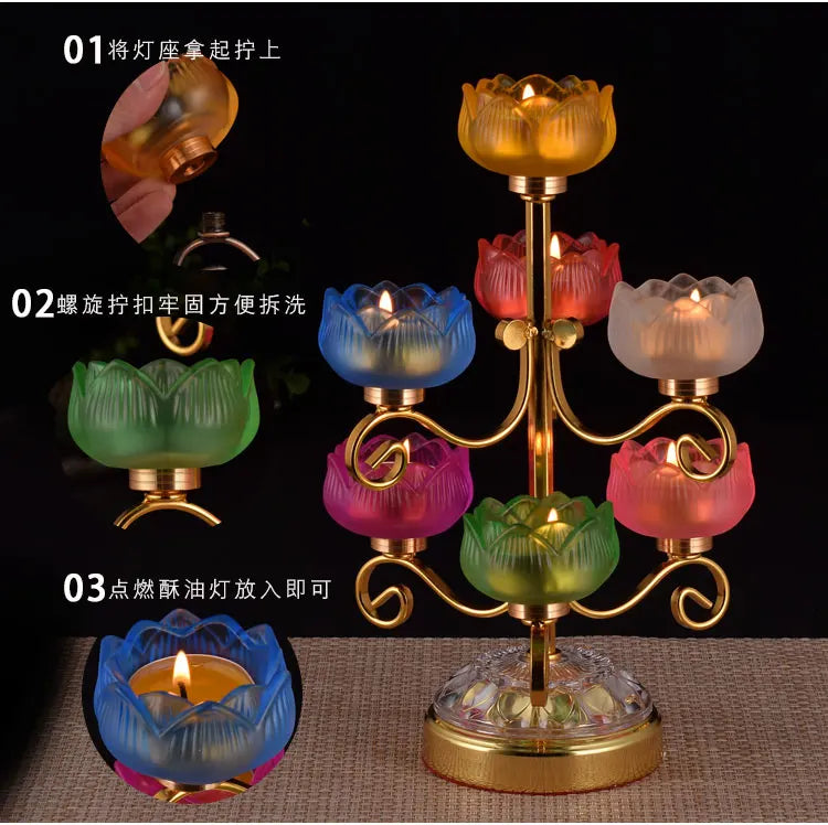 Wholesale Buddhist supplies HOME Temple Seven color Lotus flower Crystal Buddhism pray bless Consecrate lamp Candlestick