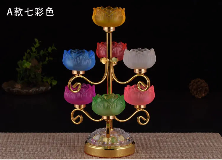 Wholesale Buddhist supplies HOME Temple Seven color Lotus flower Crystal Buddhism pray bless Consecrate lamp Candlestick