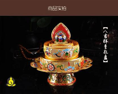 Wholesale Buddhist supplies -Talisman Tibetan 37TH The eight auspicious Manja Mandala disc gilding statue+gemstone