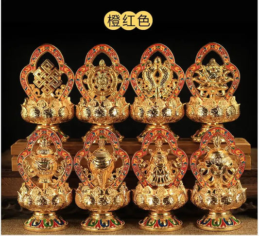 Wholesale Buddhist supplies # efficacious Protection Tibet Nepal Gold-plated Eight Auspicious Symbols of Buddhism brass statue