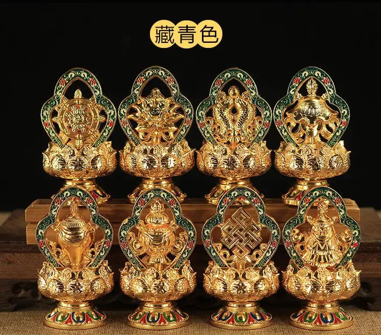 Wholesale Buddhist supplies # efficacious Protection Tibet Nepal Gold-plated Eight Auspicious Symbols of Buddhism brass statue