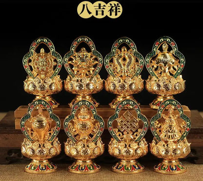 Wholesale Buddhist supplies # efficacious Protection Tibet Nepal Gold-plated Eight Auspicious Symbols of Buddhism brass statue