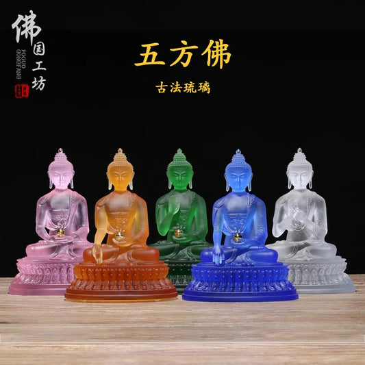 Wholesale figure Buddha HOME efficacious Talisman Protection 5P Retro Tibetan Tathagata Guru Buddha Colored Glaze Buddha statue