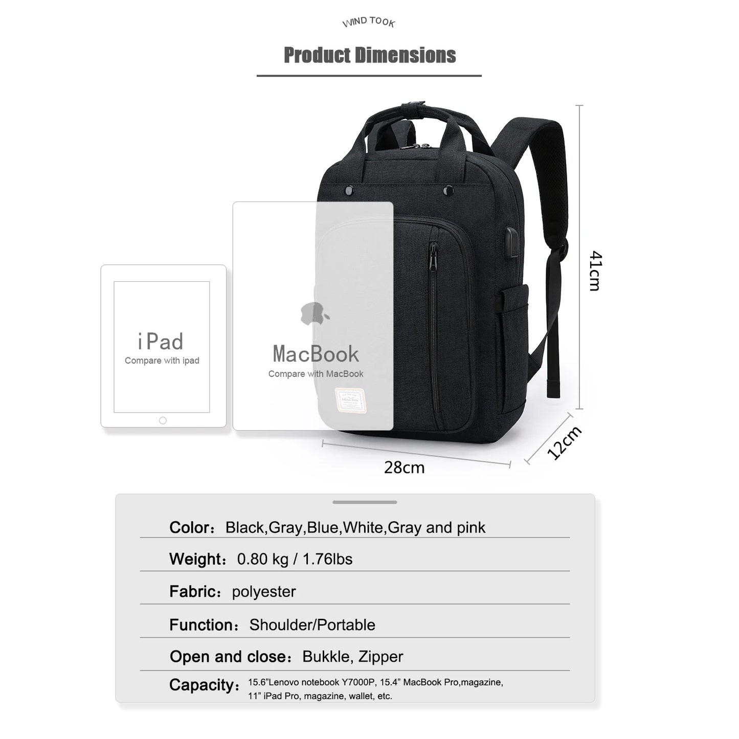 WindTook Travel Backpack Men Shoulder Bag 25L Waterproof USB Backpack Lightweight Women's Backpack