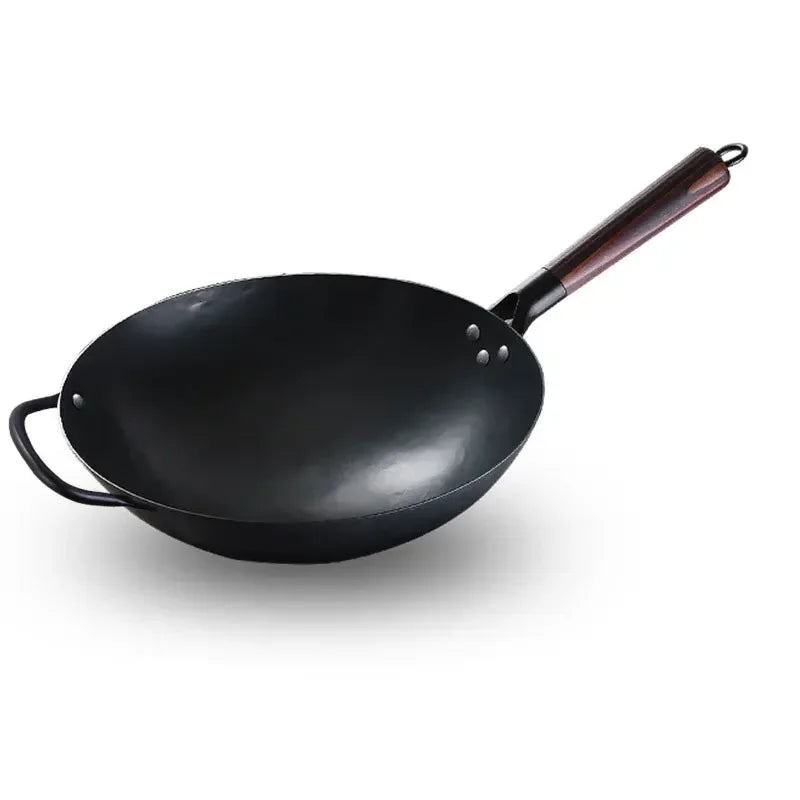 Wok Burner Traditional Authentic Hand Hammered Carbon Steel Round Bottom Stir Fry Pans Birch Handle Wok Pan