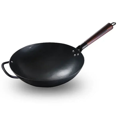 Wok Burner Traditional Authentic Hand Hammered Carbon Steel Round Bottom Stir Fry Pans Birch Handle Wok Pan