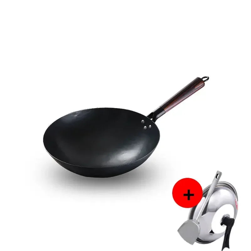 Wok Burner Traditional Authentic Hand Hammered Carbon Steel Round Bottom Stir Fry Pans Birch Handle Wok Pan