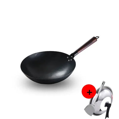 Wok Burner Traditional Authentic Hand Hammered Carbon Steel Round Bottom Stir Fry Pans Birch Handle Wok Pan