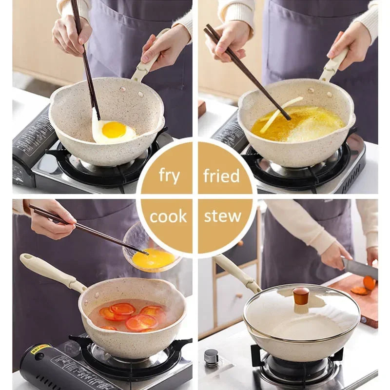 Wok Kitchen Non-stick Pan Maifan Stone Skillet Aluminum Frying Pan Japanese Household Woks Kitchen Cookware Cooking Pot with Lid