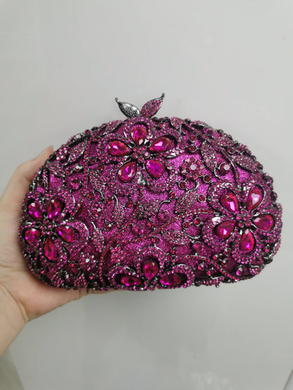 Woman Blue Purple Gold Diamond Evening Flower Purse Bridal Dinner Floral Stone Handbag Hollow Crystal Wedding Party Clutch Bag
