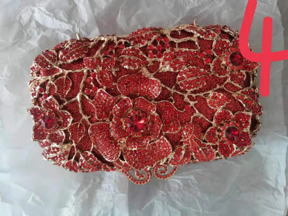 Woman Blue Red Flower Diamond Clutch Evening Purse Wedding Bridal Fashion Rhinestone Dinner Bag Banquet Party Crystal Handbag