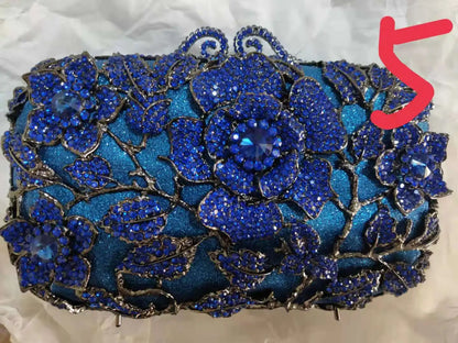 Woman Blue Rhinestone Diamond Floral Evening Purse Flower Crystal Wedding Bridal Clutch Bag Cocktail Party Dinner Ladies Handbag
