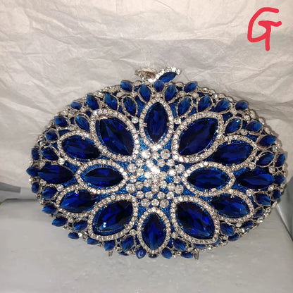 Woman Blue Silver AB Diamond Round Evening Purse Bridal Dinner Elegant Birthday Gift Handbag Crystal Stones Wedding Party Bag