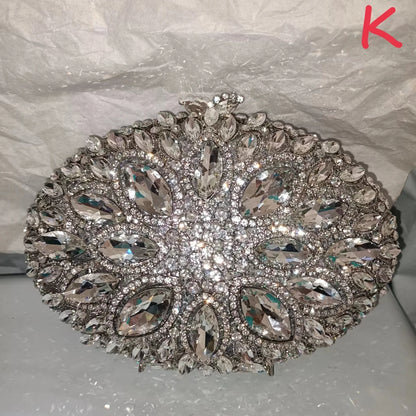 Woman Blue Silver AB Diamond Round Evening Purse Bridal Dinner Elegant Birthday Gift Handbag Crystal Stones Wedding Party Bag