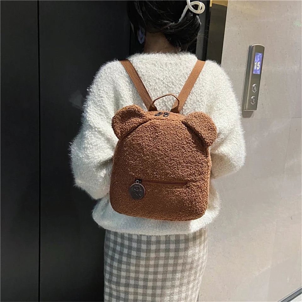 Woman Cartoon Plush Backpack New Embroidery Cute Backpack For School Bear Ears Anima Small Backpack Kawaii Bookbag