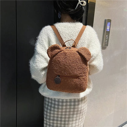 Woman Cartoon Plush Backpack New Embroidery Cute Backpack For School Bear Ears Anima Small Backpack Kawaii Bookbag
