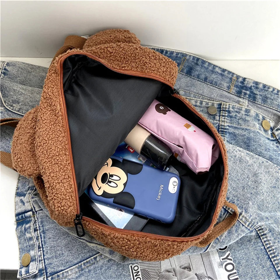 Woman Cartoon Plush Backpack New Embroidery Cute Backpack For School Bear Ears Anima Small Backpack Kawaii Bookbag