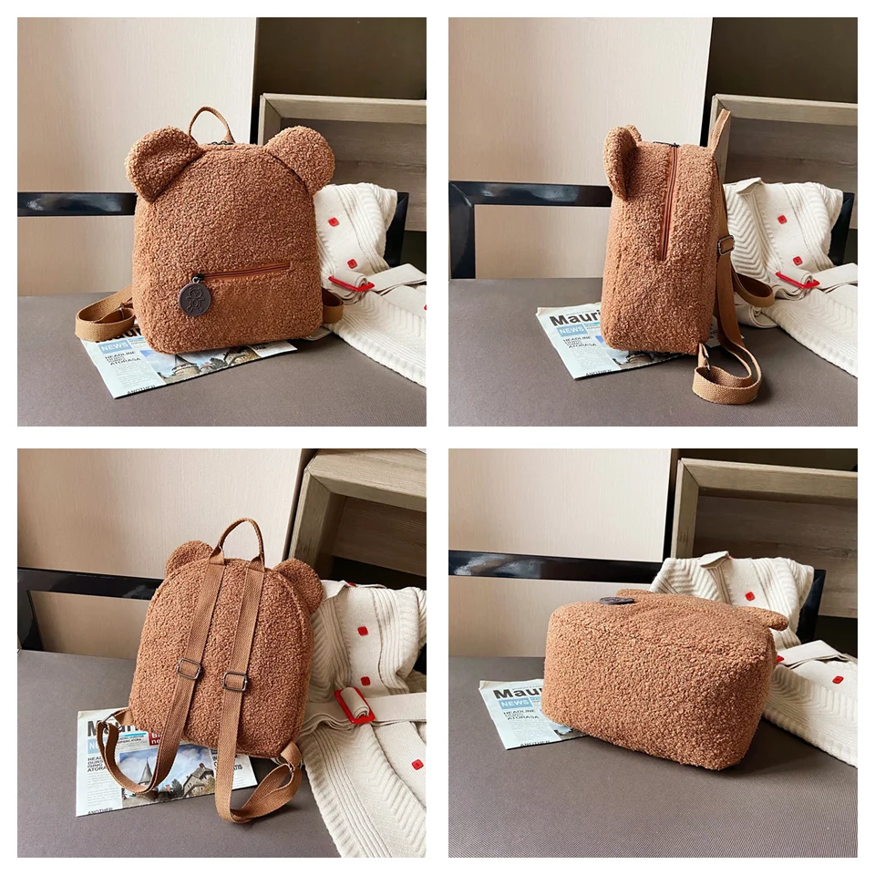 Woman Cartoon Plush Backpack New Embroidery Cute Backpack For School Bear Ears Anima Small Backpack Kawaii Bookbag