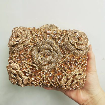 Woman Champagne Diamond Flower Dinner Banquet Handbag Floral Crystal Wedding Bridal Evening Bag Party Gala Cocktail Rose Purses
