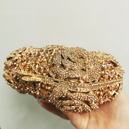 Woman Champagne Diamond Flower Dinner Banquet Handbag Floral Crystal Wedding Bridal Evening Bag Party Gala Cocktail Rose Purses