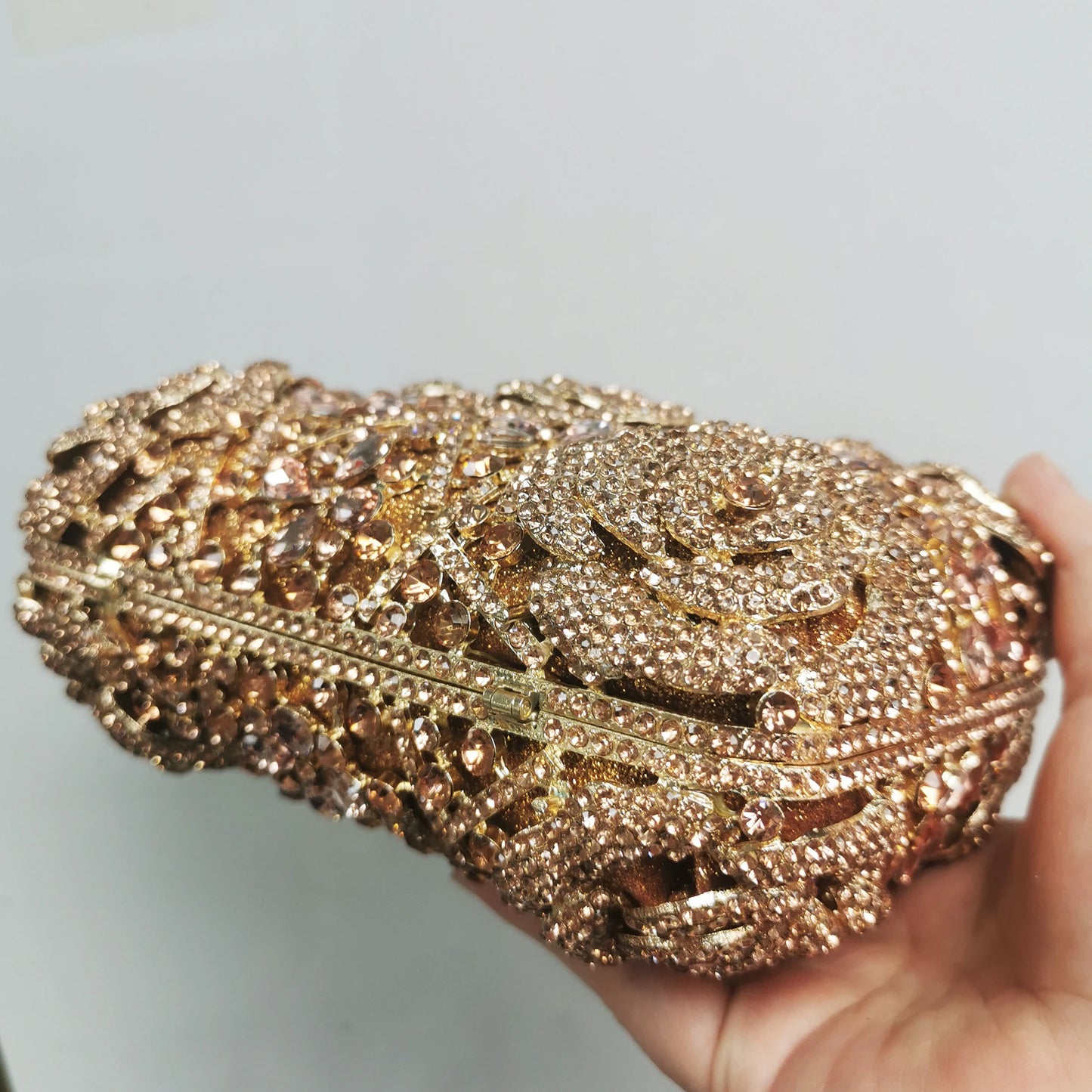 Woman Champagne Diamond Flower Dinner Banquet Handbag Floral Crystal Wedding Bridal Evening Bag Party Gala Cocktail Rose Purses