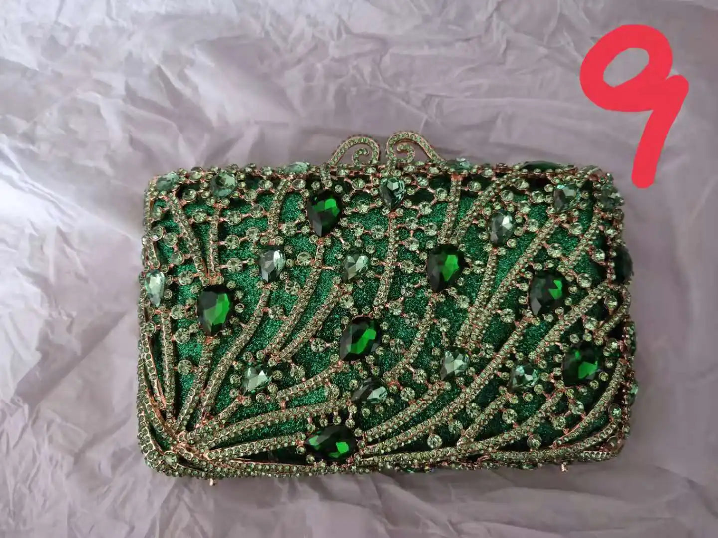 Woman Champagne Green Diamond Evening Purse Feather Crystal Wedding Bridal Clutch Bag Hollow Out Gala Party Dinner Stone Handbag